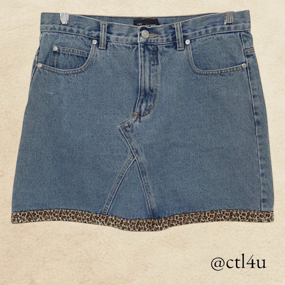 Y2K No Boundaries Denim Mini Skirt Leopard Trim Indie Grunge 90s Size 9